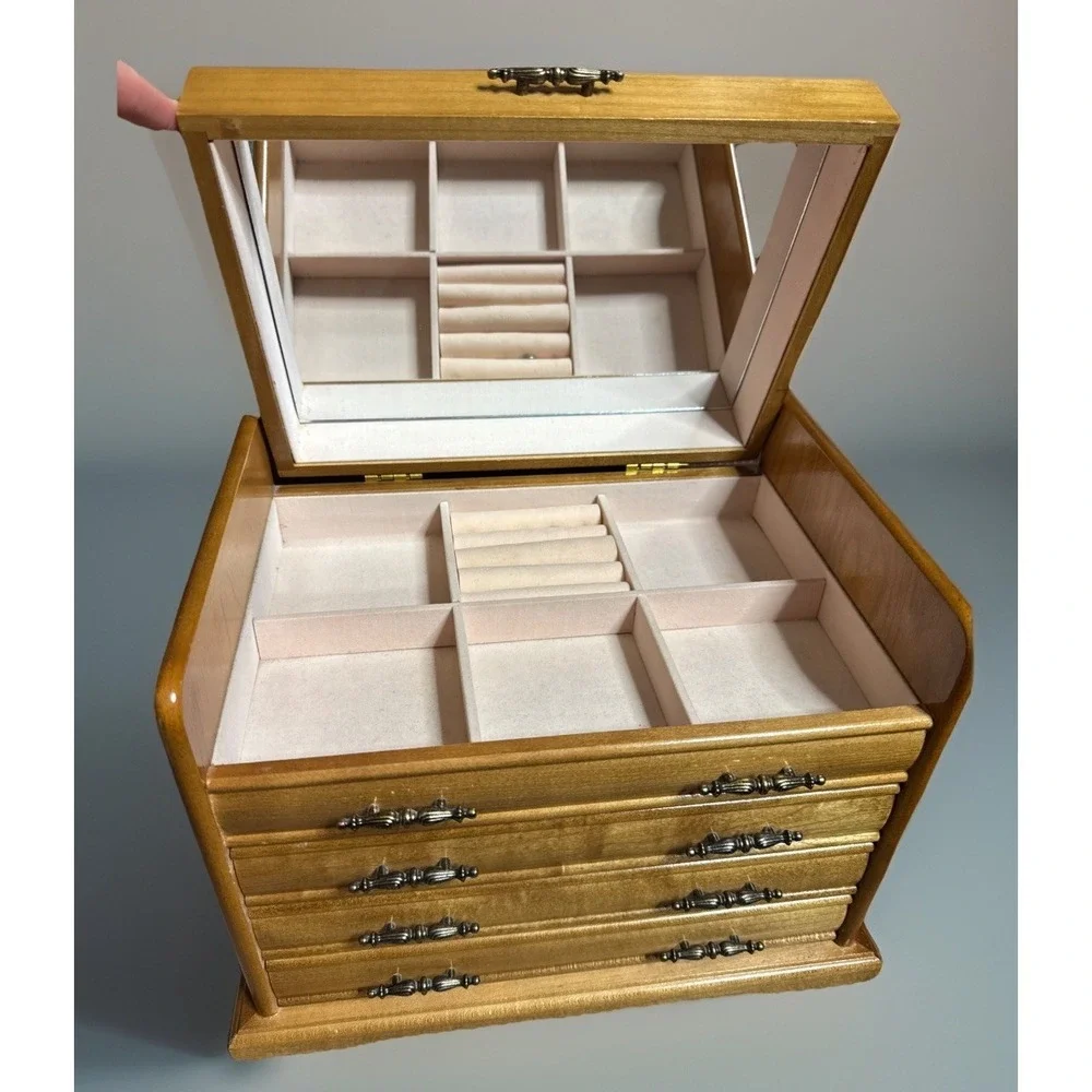 Vintage Wood Jewelry Armoire Chest Box Mirrored Lift  Maple Color